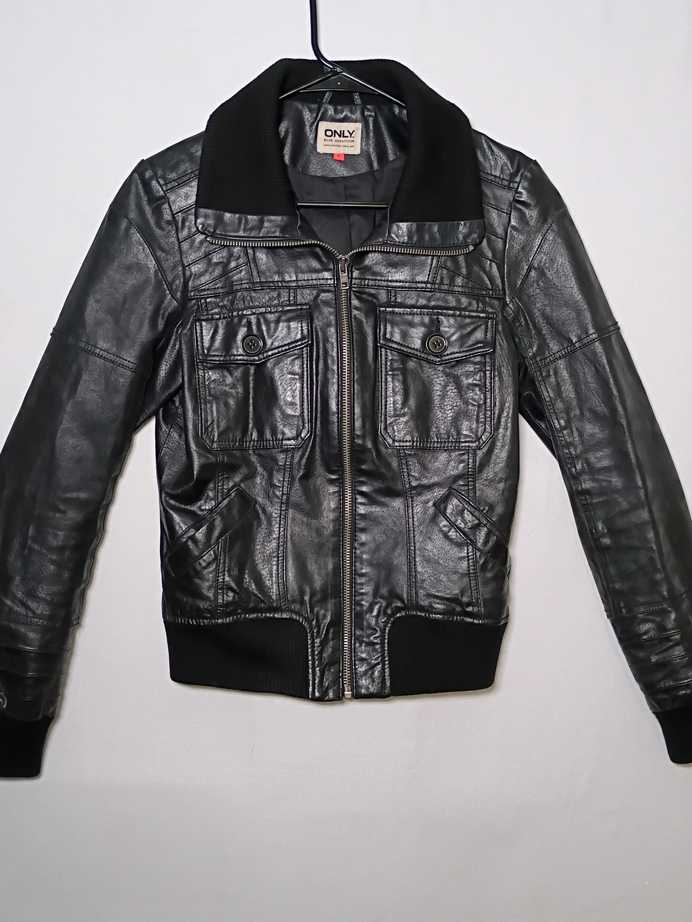 Only Blue Behavior Womens Pigskin Leather Bomber Jacket Small Black Full Zip